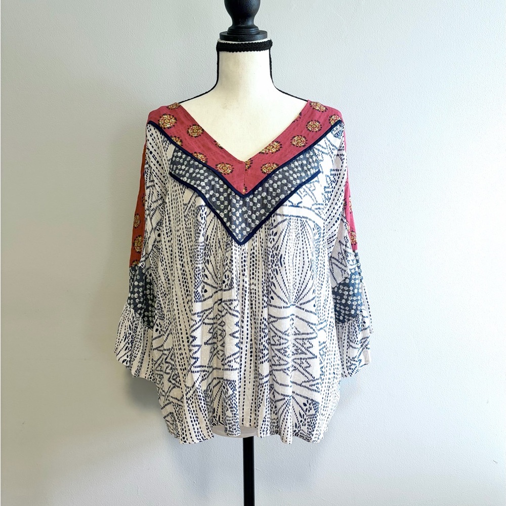 THML Mixed Media Peasant Top Boho Vneck Bell Sleeve Blue Red White Rayon Small
